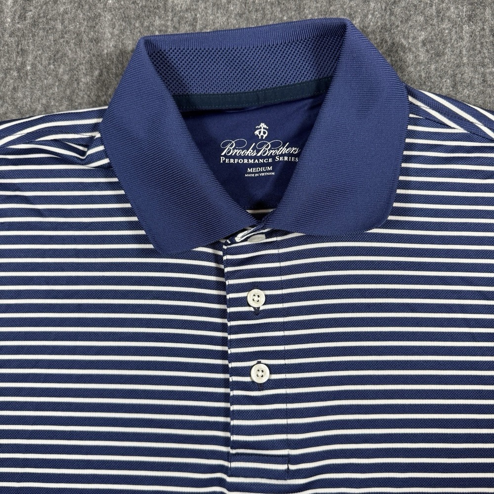 Brooks Brothers Performance Series Polo Shirt Mens M Navy White Striped Flaw